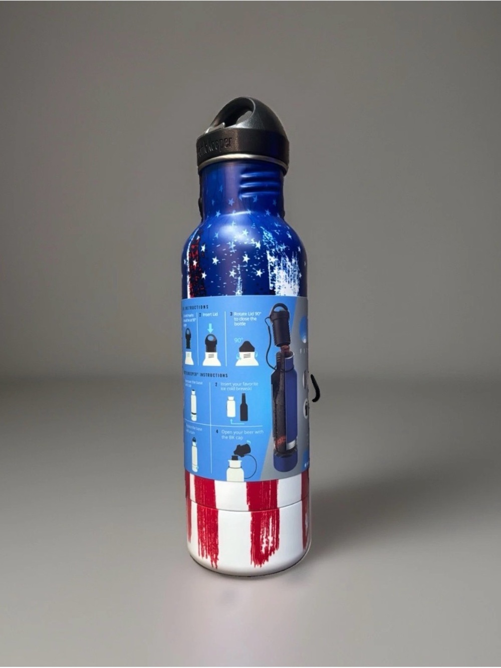 BottleKeeper 12oz Insulated Stainless Bottle Cooler w/ Opener Screw Cap Flag New